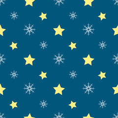 Seamless pattern with white snowflakes and yellow stars on dark blue background. Vector image.