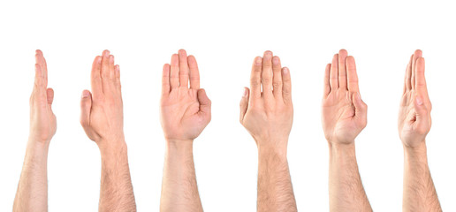 Obraz premium Six hands in different positions with the gesture of stopping
