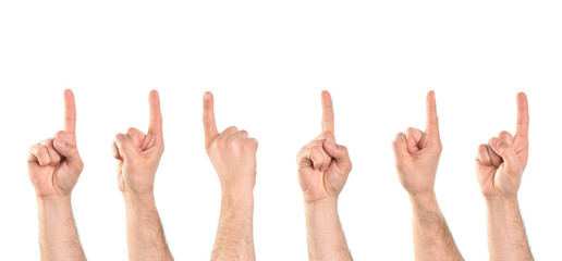 Six hands in various positions with extended index finger