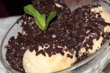 Ice cream with chocolate chips and a mint leaf.