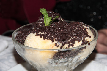 Ice cream with chocolate chips and a mint leaf.