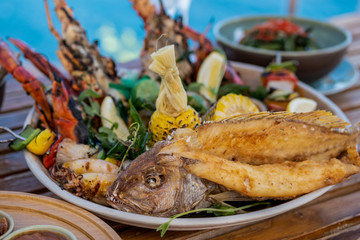 Delicious grilled seafood platter. Assortment of seafood
