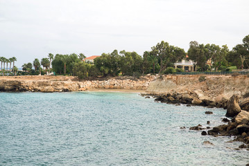 Mediterranean Landscape with Palm Trees and Cloudy Sky.