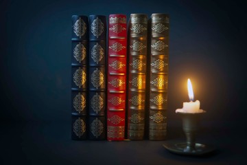 French binding, handmade books, genuine leather case with gold stamping.