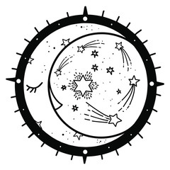 Crescent moon and stars in antique style hand drawn line art and dotwork. Boho chic tattoo, poster, altar veil, tapestry or fabric print design vector illustration