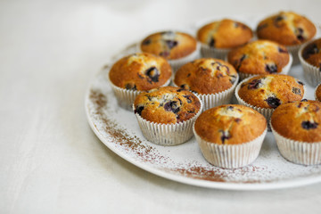 Plate with freshly baked sweet muffins. Sweet pastries, recipes, cooking
