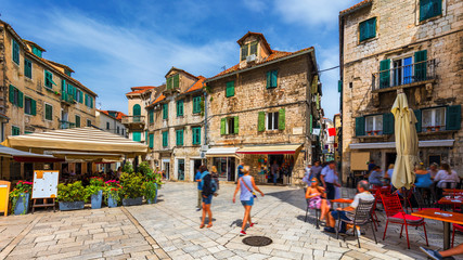 Street in Split historical center, Croatia. Beautiful square of the old town of Split in Croatia. Old stone street of Split historic city, Dalmatia, Croatia - 329137473