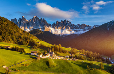 Santa Maddalena (Santa Magdalena) village with magical Dolomites mountains in background, Val di Funes valley, Trentino Alto Adige region, South Tyrol, Italy, Europe. Santa Maddalena Village, Italy.