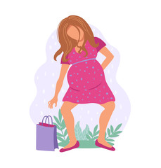 Young pregnant woman trying to lift a handbag. Pregnancy troubles. Flat vector illustration isolated on white.