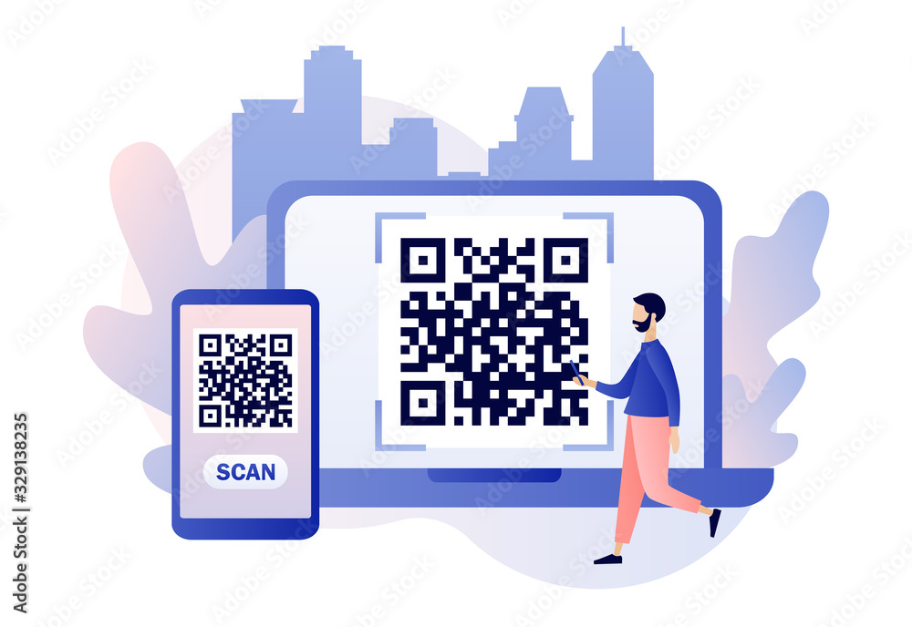 Poster qr code scanning concept. tiny male scan code using smartphone and laptop. modern flat cartoon style