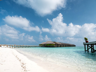 Tropical Island with Palm Trees and Wooden Pier in Indian Ocean on Maldives.
