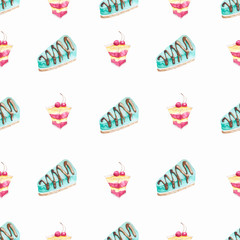 Watercolor seamless pattern with dessert. Perfect in print, textile design, as digital wallpaper, scrapbook paper and many other creative ideas.
