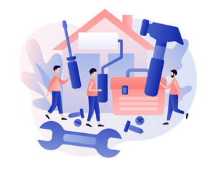 Handyman services. Husband for an hour. Repairman online. Tiny men holding huge Tools. Modern flat cartoon style. Vector illustration on white background