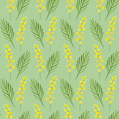Hand-painted yellow mimosa flowers on green background. Seamless texture for fabric design and wrapping paper. Spring floral pattern