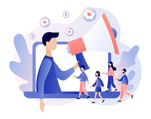 Social media influencer. Key Opinion Leader. Blogger man with megaphone and Tiny people followers. Influencing audiences. SMM. Modern flat cartoon style. Vector illustration on white background
