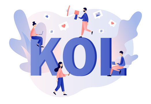 Key Opinion Leader. KOL text. Social media influencer. Marketing. Tiny bloger with megaphone and followers online. Influencing audiences. Modern flat cartoon style. Vector illustration 