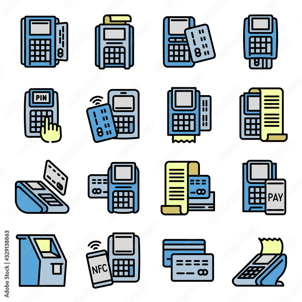 Poster bank terminal icons set. outline set of bank terminal vector icons for web design isolated on white 