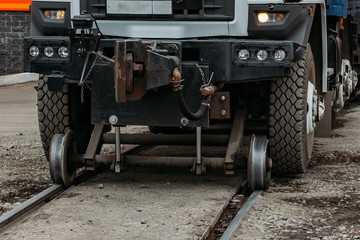 Road-rail truck locomobile wheels, close up view