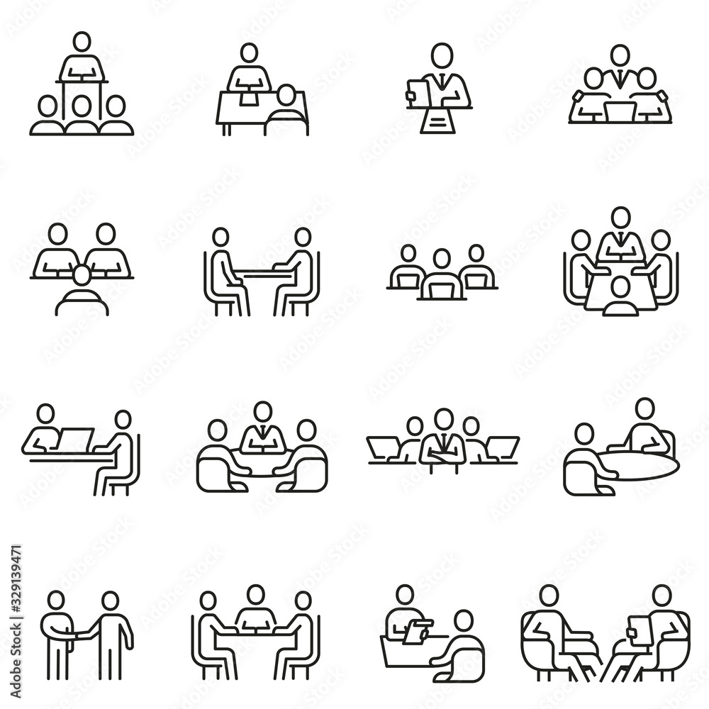 Poster vector set of linear icons related to team, discussion, meeting and interview. mono line pictograms 