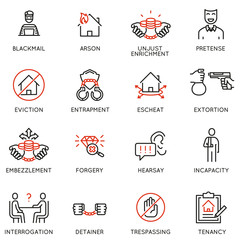 Vector set of linear icons related to law, justice and litigation. Mono line pictograms and infographics design elements - part 5