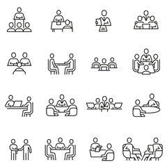 Fototapeta na wymiar Vector set of linear icons related to team, discussion, meeting and interview. Mono line pictograms and infographics design elements