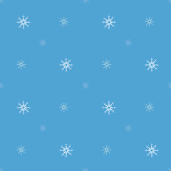 Seamless pattern with white and light blue snowflakes on blue background. Vector image.