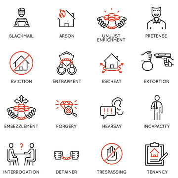 Vector set of linear icons related to law, justice and litigation. Mono line pictograms and infographics design elements - part 5