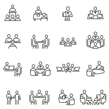 Vector set of linear icons related to team, discussion, meeting and interview. Mono line pictograms and infographics design elements