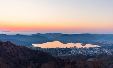 Fototapeta na wymiar India at sunrise, Man Sagar lake view, Jaipur