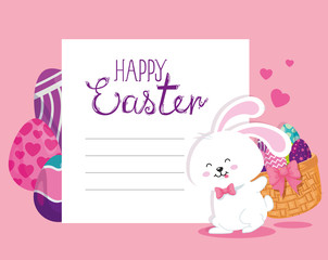 happy easter card with rabbit and eggs decorated vector illustration design