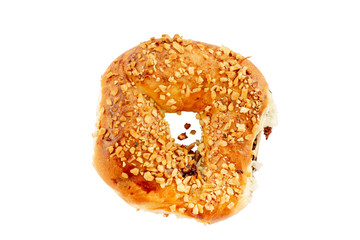 Traditional Turkish crispy bagel,simit with cream chocolate cut out on white background.