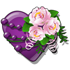 Decor form of heart purple color decorated with fresh flower buds pink peony and curly ribbon isolated on white background. Vector cartoon close-up illustration.
