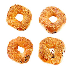 Traditional Turkish crispy bagel,simit with cream chocolate cut out on white background.