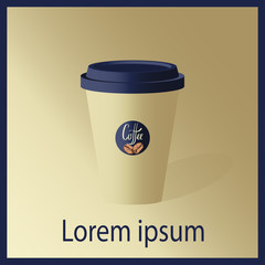 paper coffee cup 3d vector illustration with blue label an had written coffee word, coffee to go design 