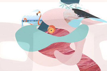 summer illustration of a pink flamingo on the beach, panel