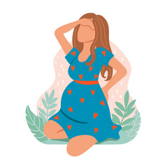 Pregnant young woman having back aches and holding her head. Woman in pain. Flat vector illustration on white.