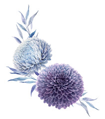 Beautiful bouquet composition with watercolor blue and purple dahlia flowers. Stock illustration.