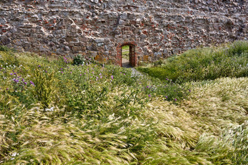 Stone walls surrounding Hammershus castle - Scandinavia's largest medieval fortification.