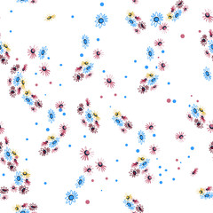 Yellow, pink, purple, blue little flowers randomly scattered on white background in modern style. Vector seamless pattern for holiday card design, spring background for Happy Easter.