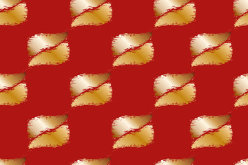 Seamless festive background with kisses for Valentines day. Golden gradient lips on red background. Vector illustration for wrapping paper, postcard, poster, internet background.