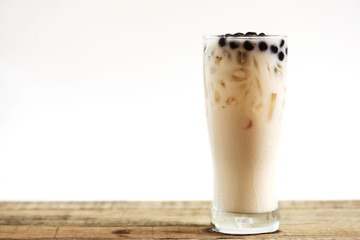 Boba bubble in the ice milke tea the fresh drink on white bakcground, Taiwan drink 