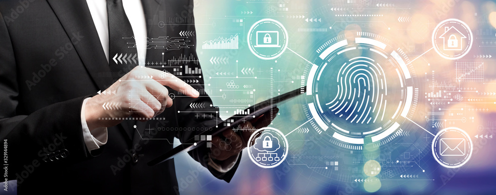 Aufkleber fingerprint scanning theme with businessman using his tablet computer