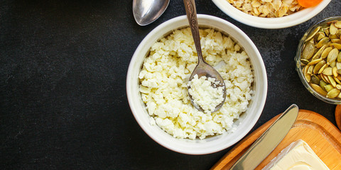 healthy breakfast, cottage cheese, coffee and other (tasty snack) menu concept background. top view. copy space for text