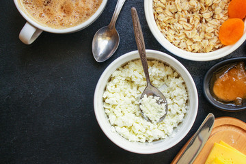 healthy breakfast, cottage cheese, coffee and other (tasty snack) menu concept background. top...