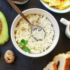 healthy breakfast, cottage cheese, coffee and other (tasty snack) menu concept background. top view. copy space for text