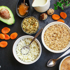 healthy breakfast, cottage cheese, coffee and other (tasty snack) menu concept background. top view. copy space for text
