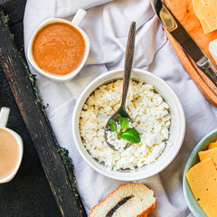 healthy breakfast, cottage cheese, coffee and other (tasty snack) menu concept background. top view. copy space for text