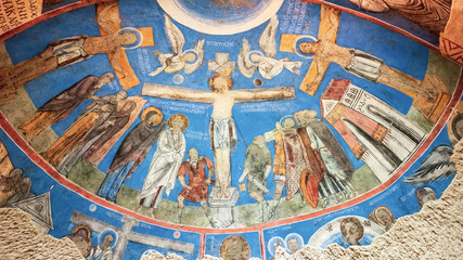 Ortodox christian frescos inside Dark church in Cappadocia. Ancient cave church with unique paintings in Goreme in Cappadocia