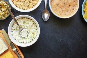 healthy breakfast, cottage cheese, coffee and other (tasty snack) menu concept background. top view. copy space for text