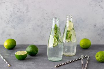 Homemade lemonade with lime and mint. Cold drinks. Healthy eating. Diet.